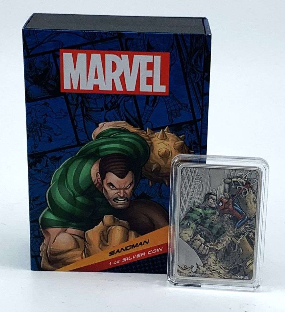Colorized 2024 NIUE $2 Marvel Sandman 1 ozt .999 Silver Bar: Winner shall receive the exact bar shown here. (MR/IR)