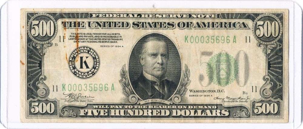 Rare Series "K" 1934A United States $500 Federal Reserve Note (1 of 5)