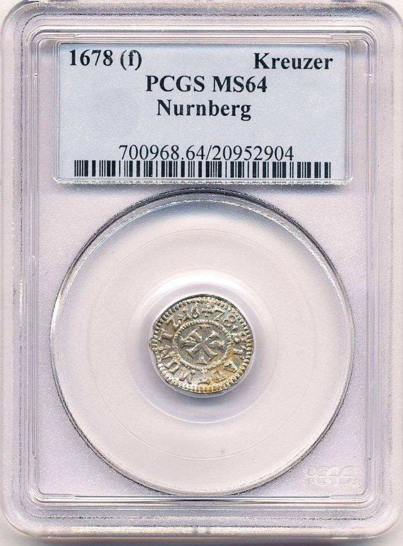 1678-F Kreuzer Nurnberg PCGS MS64: Winner shall receive the exact coin shown here. (MR)