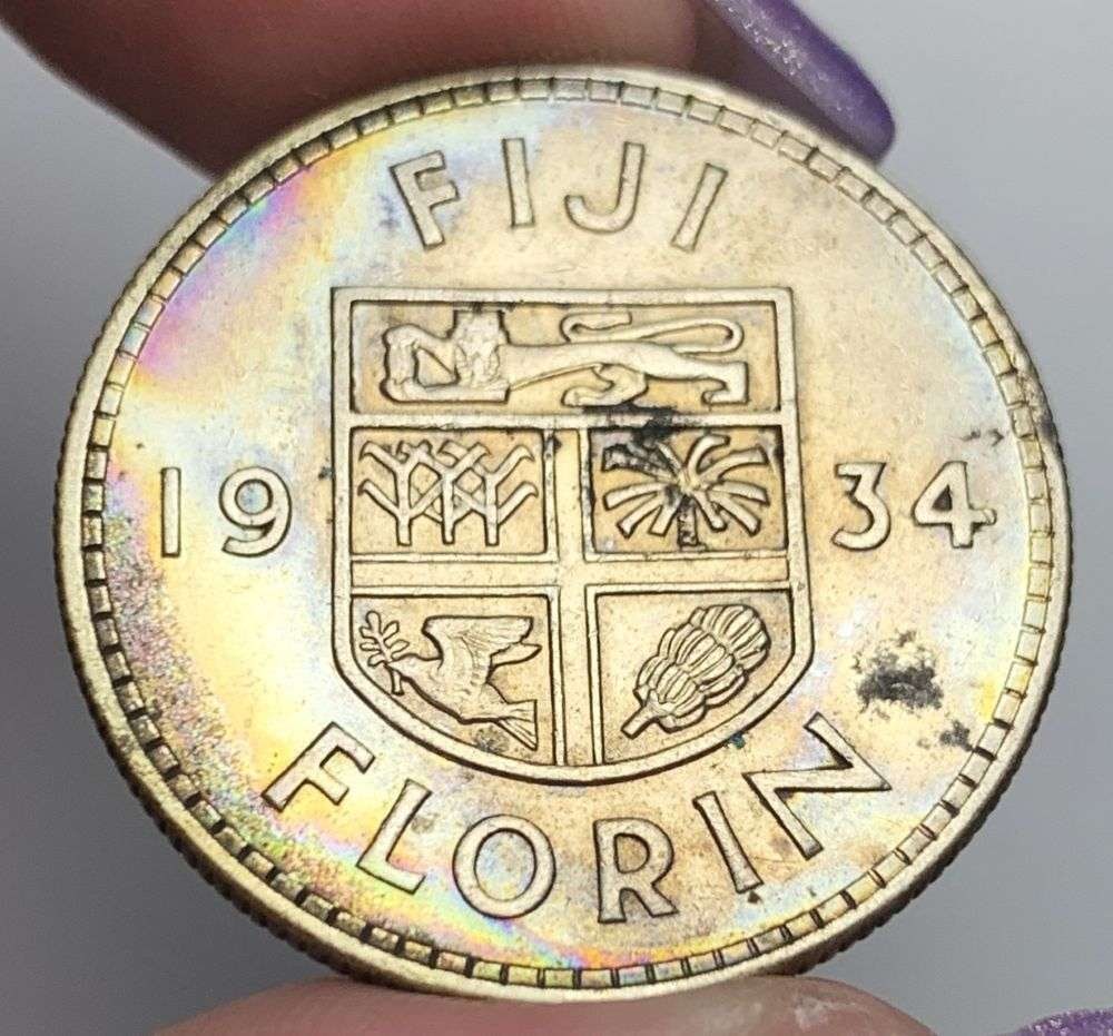 Rare Toned 1934 Fiji Florin Silver Unc: Winner shall receive the exact coin shown here. (MR)