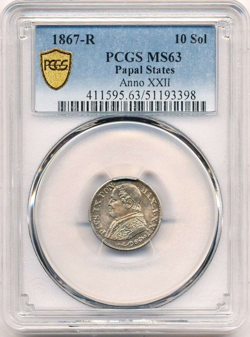 1867-R Papal States Anno XXII 10 Soldi PCGS MS63: Winner shall receive the exact coin shown here. (MR)