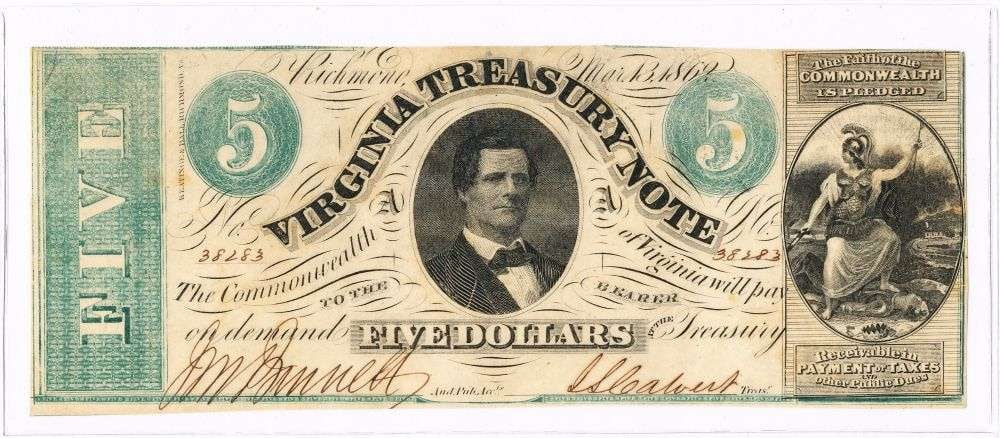 1862 United States Virginia Treasury $5 Confederate Currency Note CU (1 of 2)