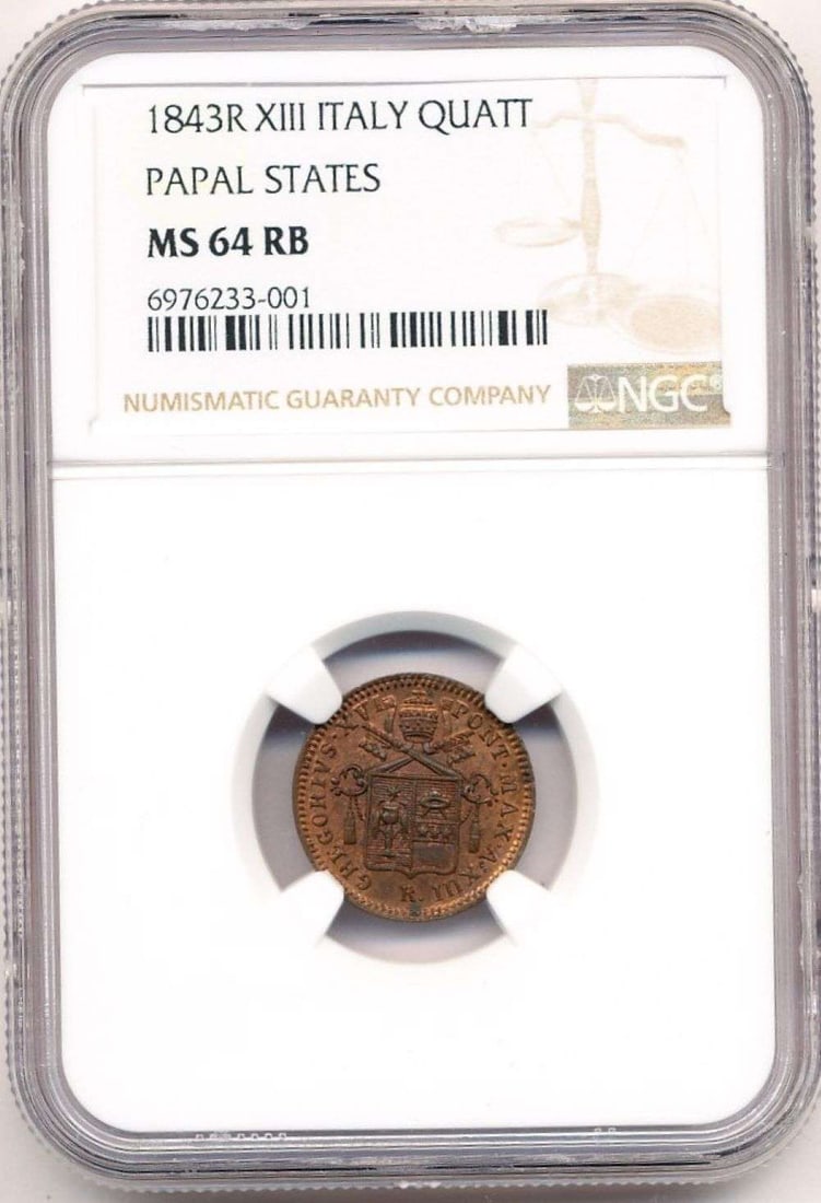 1843-R XIII Italy Quattrino Papal States NGC MS64 RB: Winner shall receive the exact coin shown here. (MR)
