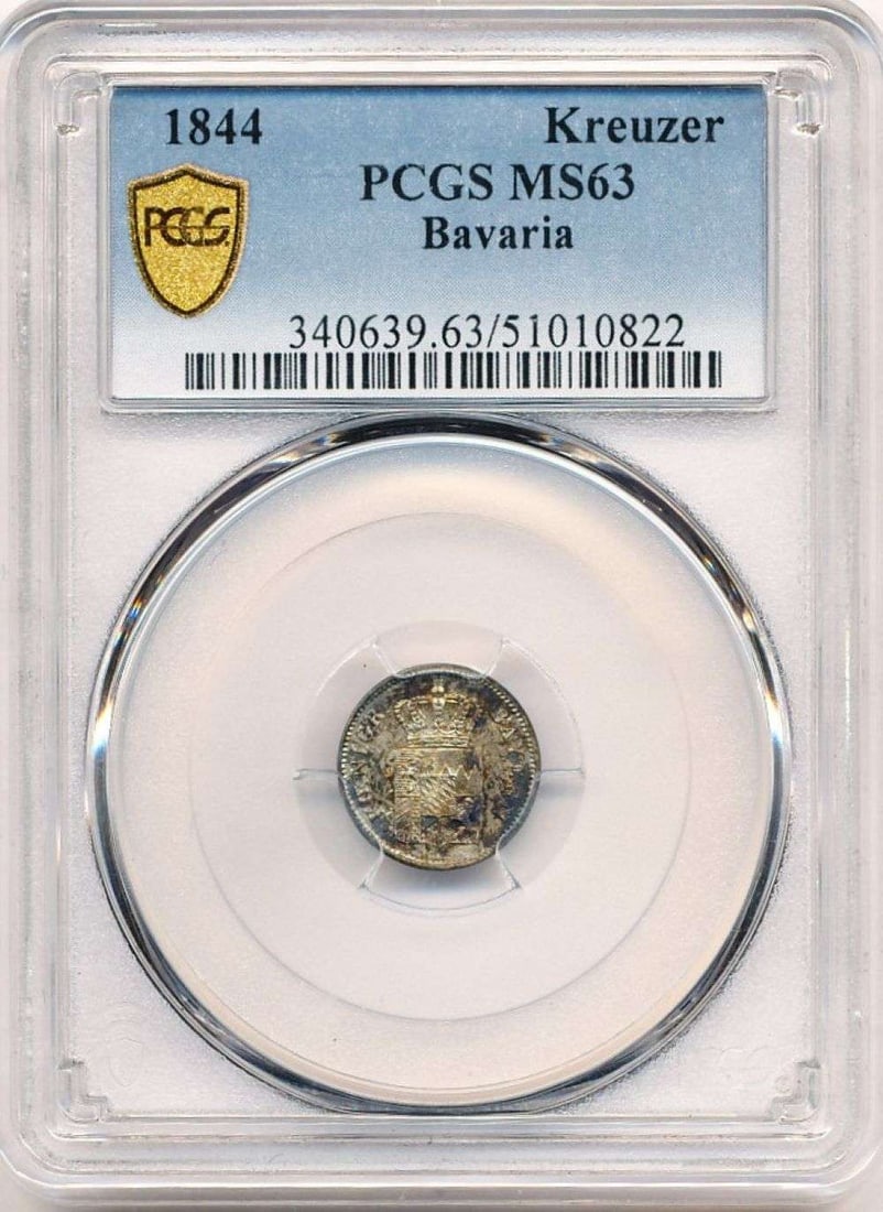 Monster Toning 1844 Bavaria 1 Kreuzer Silver PCGS MS63: Winner shall receive the exact coin shown here. (MR)