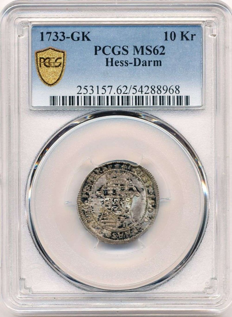 Super Scarce 1733-GK Germany Hesse Darmstadt 10 Kreuzer PCGS MS62: Winner shall receive the exact coin shown here. (MR)