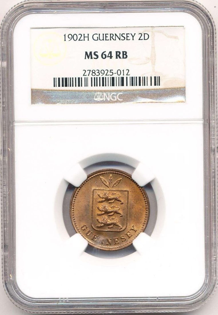 Ultra Rare 1902-H Guernsey 2 Doubles Heaton NGC MS64 RB: Winner shall receive the exact coin shown here. (MR)