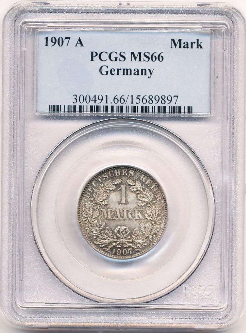 Toned 1907-A Germany Silver 1 Mark J-17 PCGS MS66: Winner shall receive the exact coin shown here. (MR)
