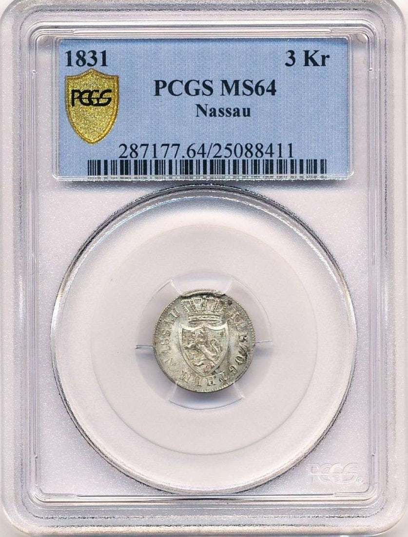 1831 Nassace 3 Krezer KM-52 PCGS MS64: Winner shall receive the exact coin shown here. (MR)