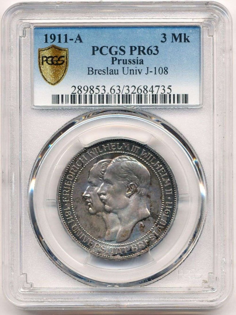 Super Scarce Toned 1911-A Prussia Silver 3 Mark Breslau Univ. J-108 PCGS PR63: Winner shall receive the exact coin shown here. (MR)