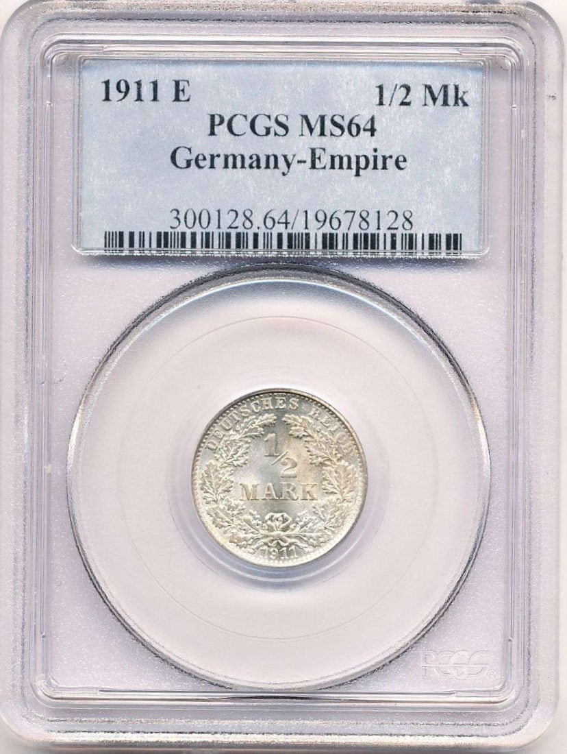 Scarce Date 1911-E Germany Silver 1/2 Mark PCGS MS64: Winner shall receive the exact coin shown here. (MR)