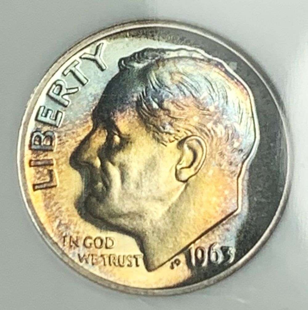 Vintage Old Fatty Holder Rainbow Toned 1963 Roosevelt Silver Dime NGC PF65 (1 of 5)