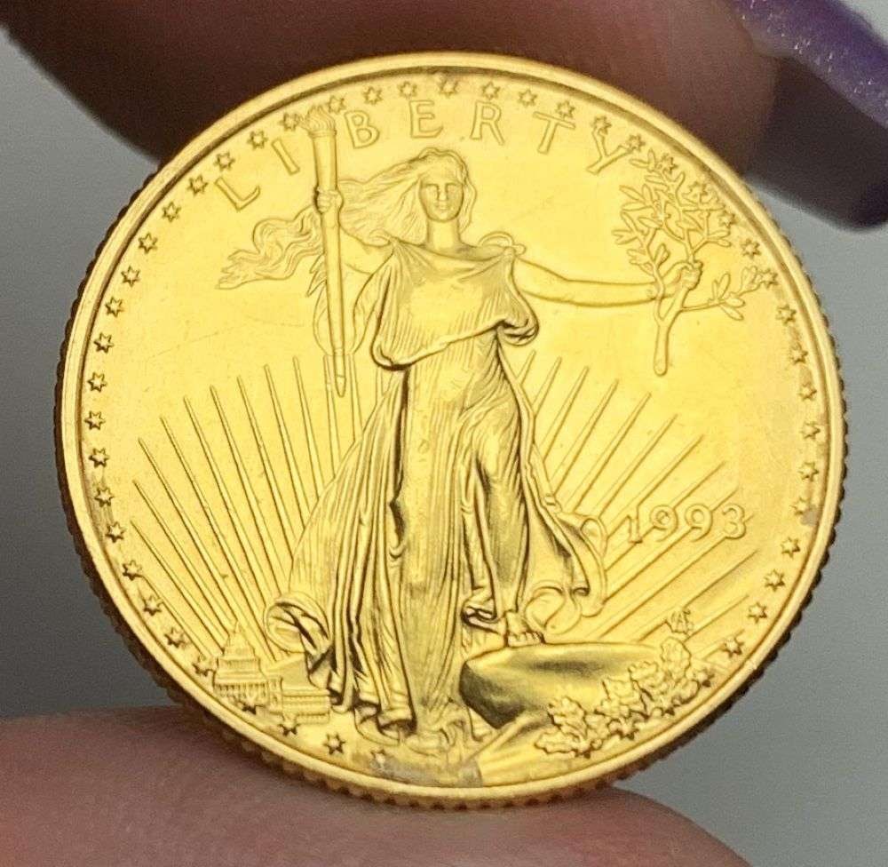 Last Minute Gold! Rare 1993 American $10 Gold Eagle 1/4 ozt: We were recently visited by some old friends who were selling us a collection they had originally purchased from us, much of it decades ago. Winner shall receive the exact coin shown here. (MR/B)