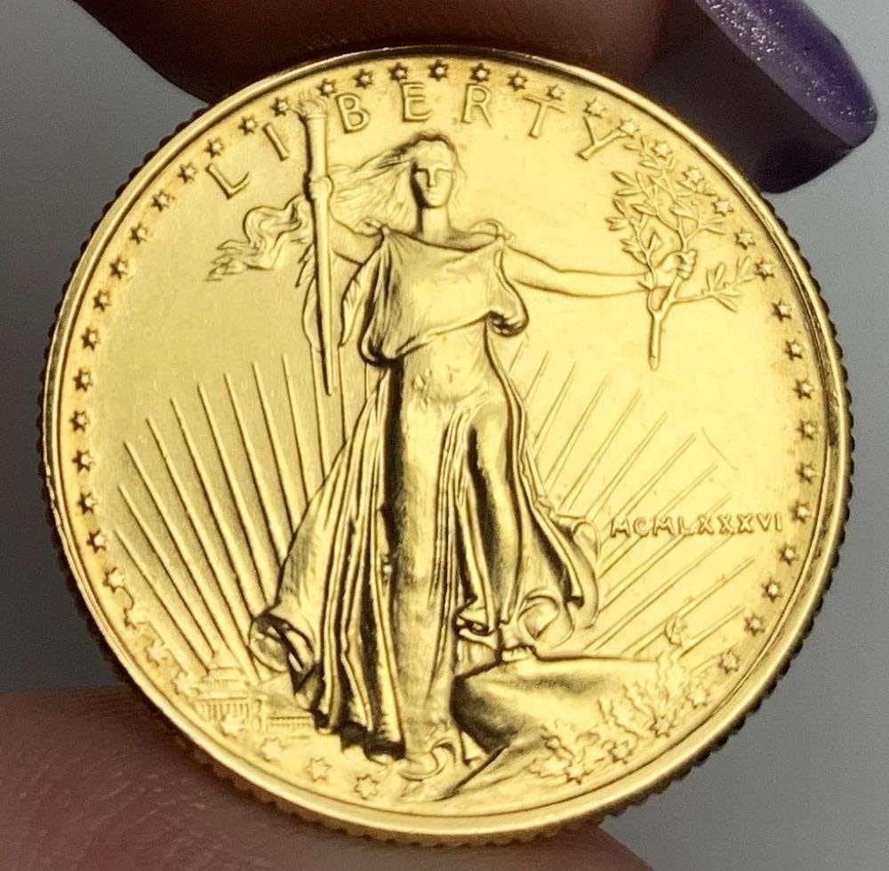 Last Minute Gold! Rare Roman Numeral First Year 1986 American $10 Gold Eagle 1/4 ozt: We were recently visited by some old friends who were selling us a collection they had originally purchased from us, much of it decades ago. Winner shall receive the exact coin shown here. (MR/B)