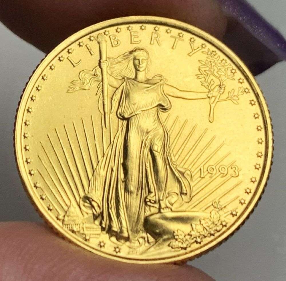 Last Minute Gold! Rare 1993 American $10 Gold Eagle 1/4 ozt: We were recently visited by some old friends who were selling us a collection they had originally purchased from us, much of it decades ago. Winner shall receive the exact coin shown here. (MR/B)