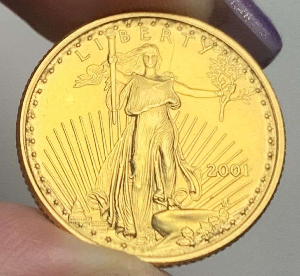 Last Minute Gold! Rare 2001 American $10 Gold Eagle 1/4 ozt: We were recently visited by some old friends who were selling us a collection they had originally purchased from us, much of it decades ago. Winner shall receive the exact coin shown here. (MR/B)