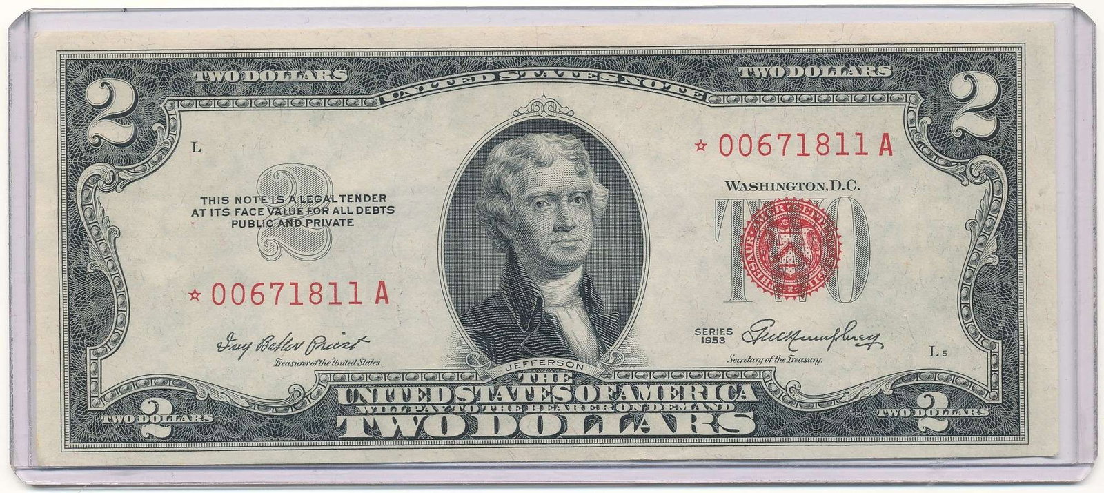 1953 United States $2 Note Red Seal (1 of 2)