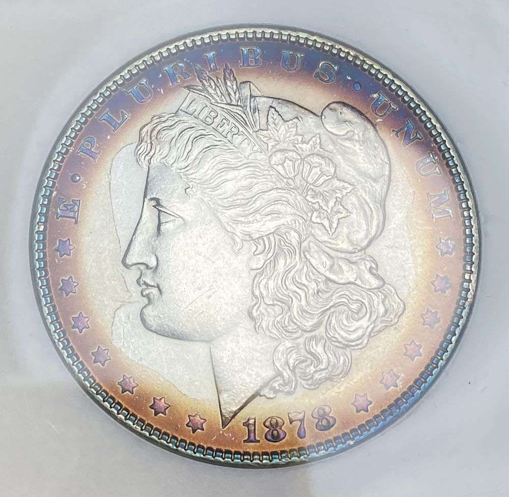 Toning 1878 7TF Morgan Silver Dollar MS65: IMPORTANT NOTE: We do not agree with the grade provided with this "off-brand" grading company. Winner shall receive the exact coin shown here. (RR)