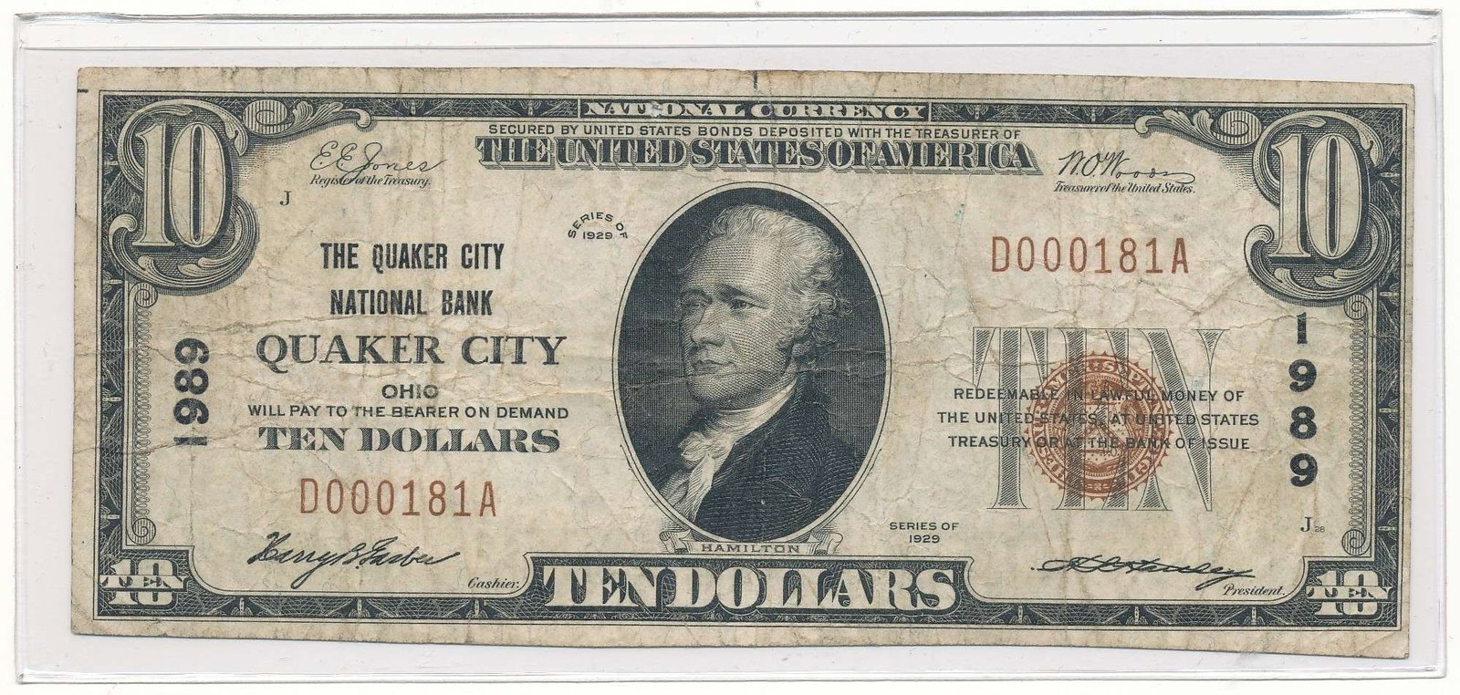 1929 The Quaker City National Bank of Quaker City, Ohio $10 Note (1 of 2)