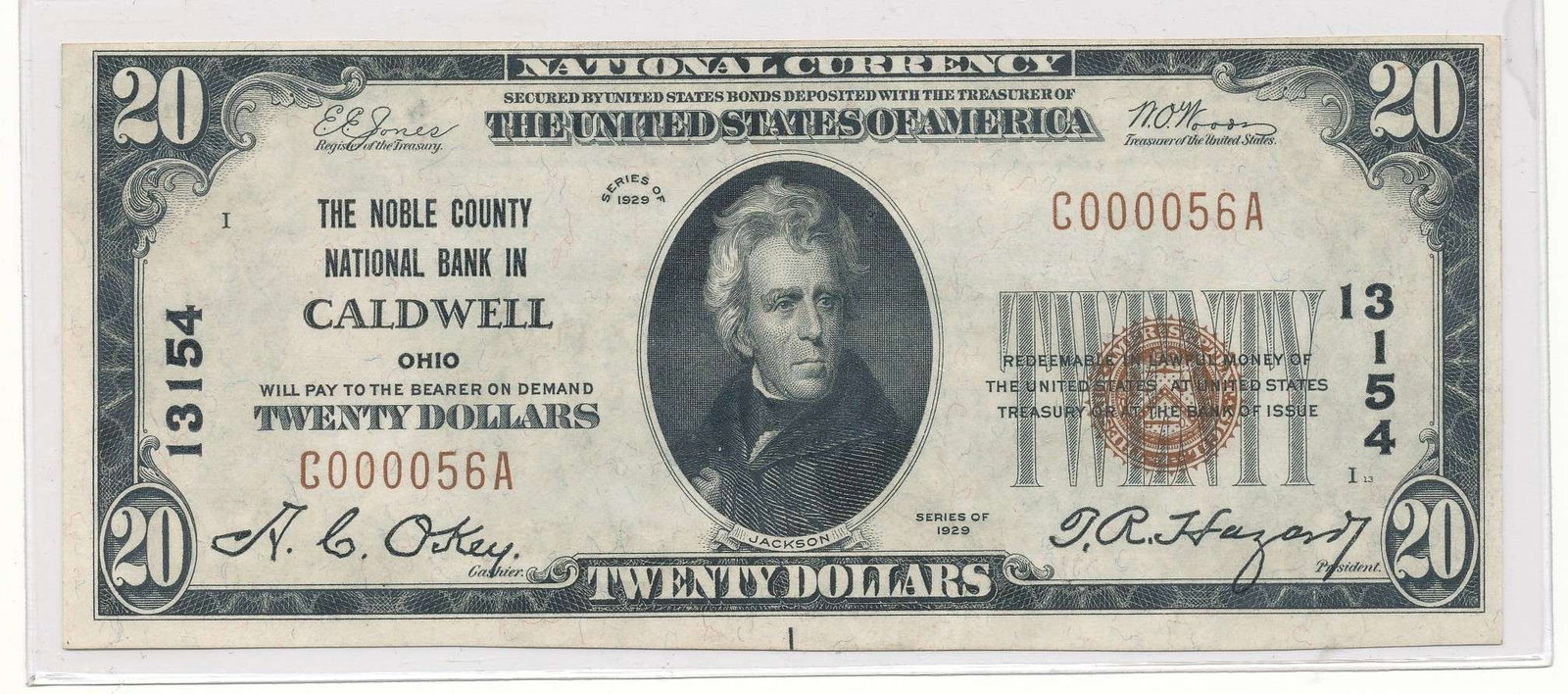 1929 The Noble County National Bank in Caldwell, Ohio $20 Note (1 of 2)