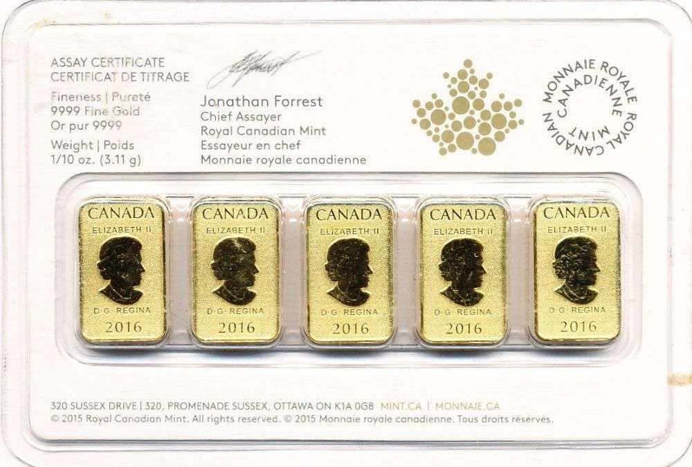 Last Minute! (5) 2016 Royal Canadian Mint $25 Bars 1/10 ozt .9999 Gold (1 of 4)