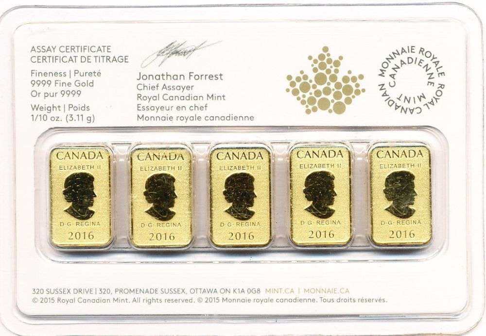 Last Minute! (5) 2016 Royal Canadian Mint $25 Gold Bars 1/10 ozt .9999 Gold (1 of 4)