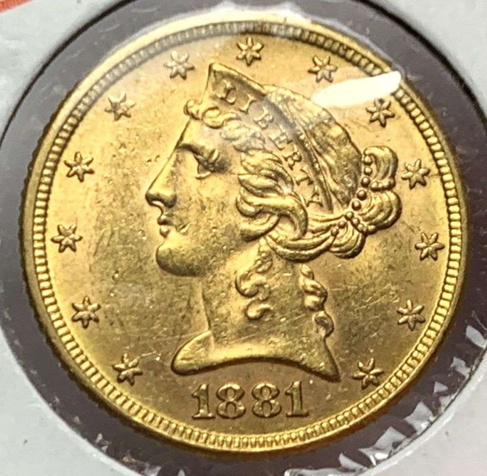 Last Minute! Vintage Holder 1881 Gold $5 Liberty Head: Winner shall receive the exact coin shown here. (MR/RBB)