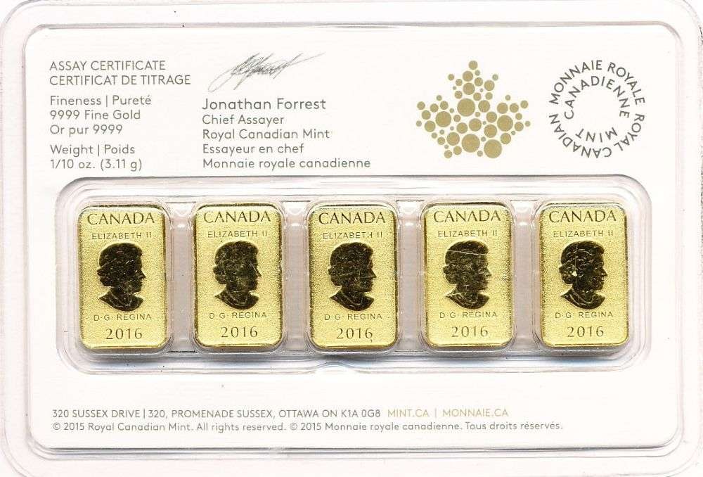 Last Minute! (5) 2016 Royal Canadian Mint $25 Gold Bars 1/10 ozt .9999 Gold (1 of 4)