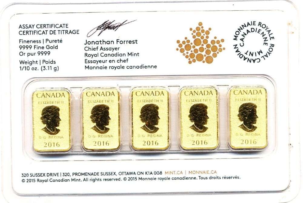 Last Minute! (5) 2016 Royal Canadian Mint $25 Gold Bars 1/10 ozt .9999 Gold (1 of 4)