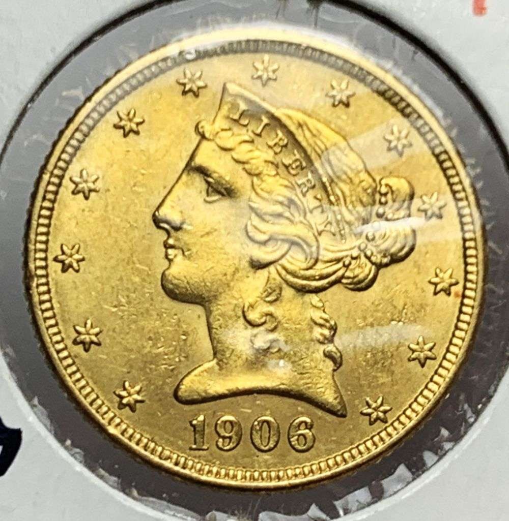 Last Minute! Vintage Holder 1906-D Gold $5 Liberty Head: Winner shall receive the exact coin shown here. (MR/RBB)