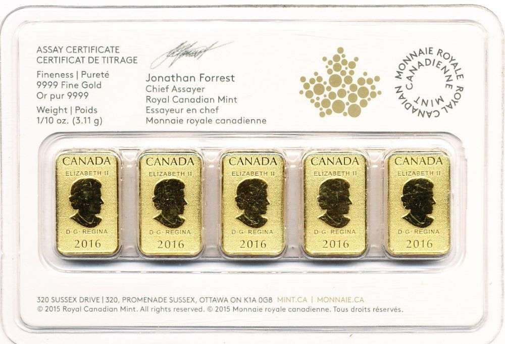Last Minute! (5) 2016 Royal Canadian Mint $25 Gold Bars 1/10 ozt .9999 Gold (1 of 4)