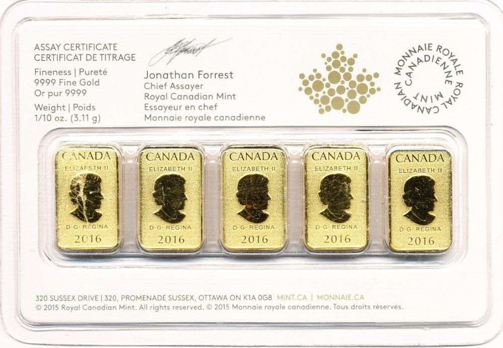 Last Minute! (5) 2016 Royal Canadian Mint $25 Gold Bars 1/10 ozt .9999 Gold (1 of 4)