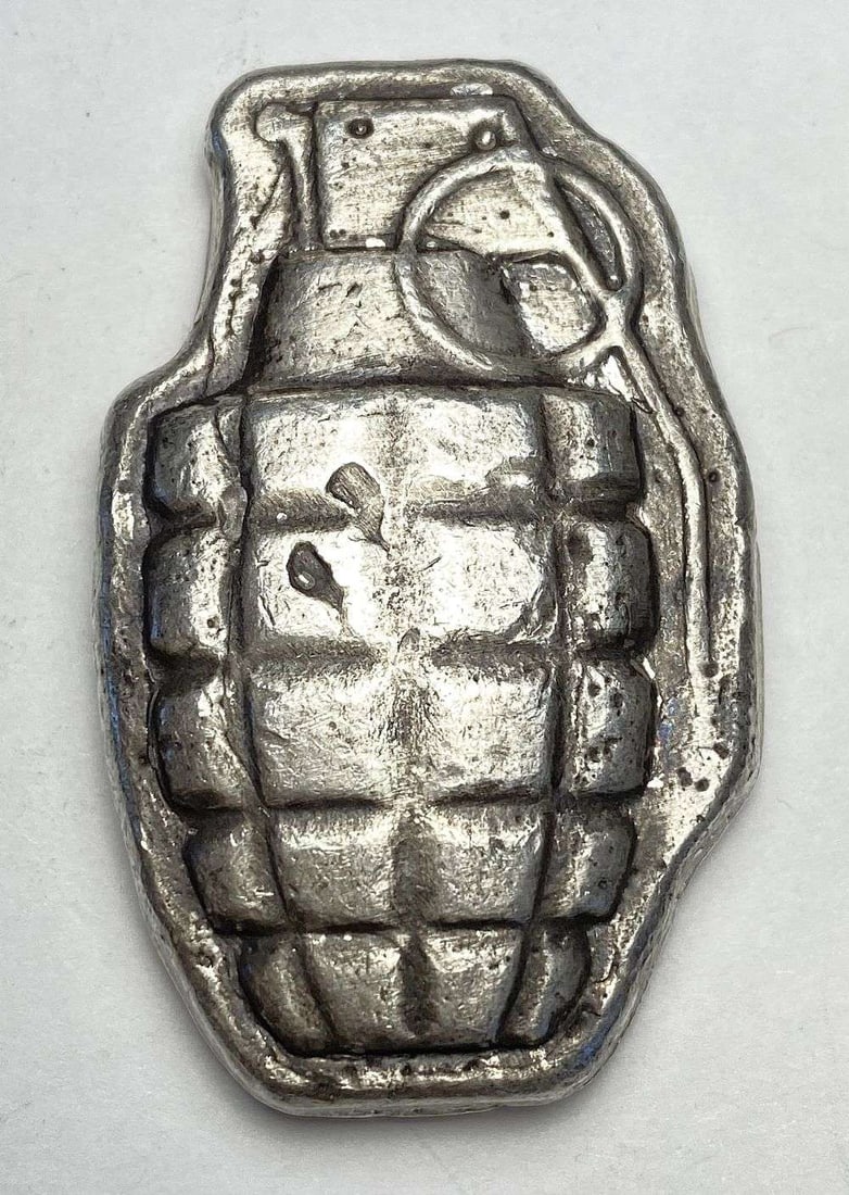 MK Barz Grenade Design Poured 3 ozt .999 Silver Bar (1 of 5)