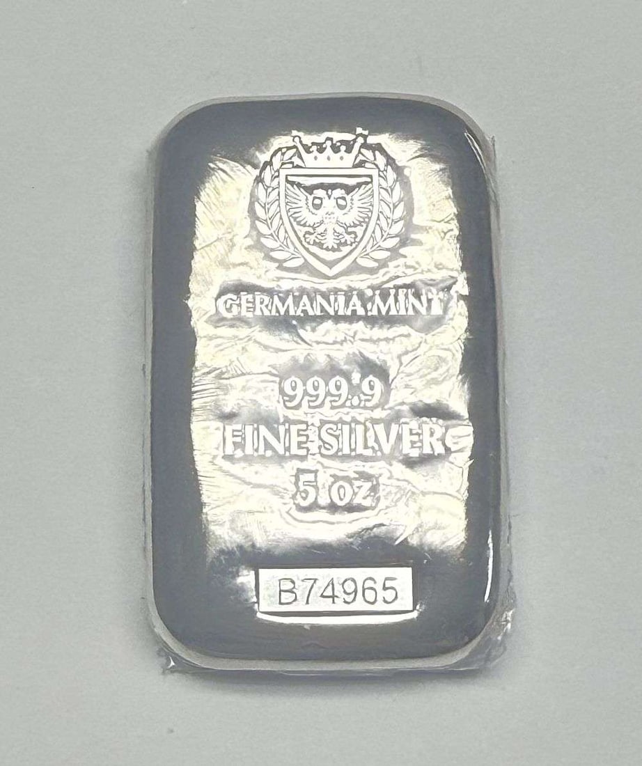 Last Minute! Germania Mint 5 ozt .9999 Silver Bar: Winner shall receive the exact bar shown here. (BD)