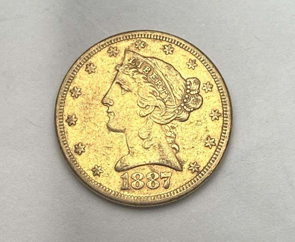 Last Minute! 1887-S Gold $5 Liberty Head: Winner shall recieve the exact coin shown here. (BD)