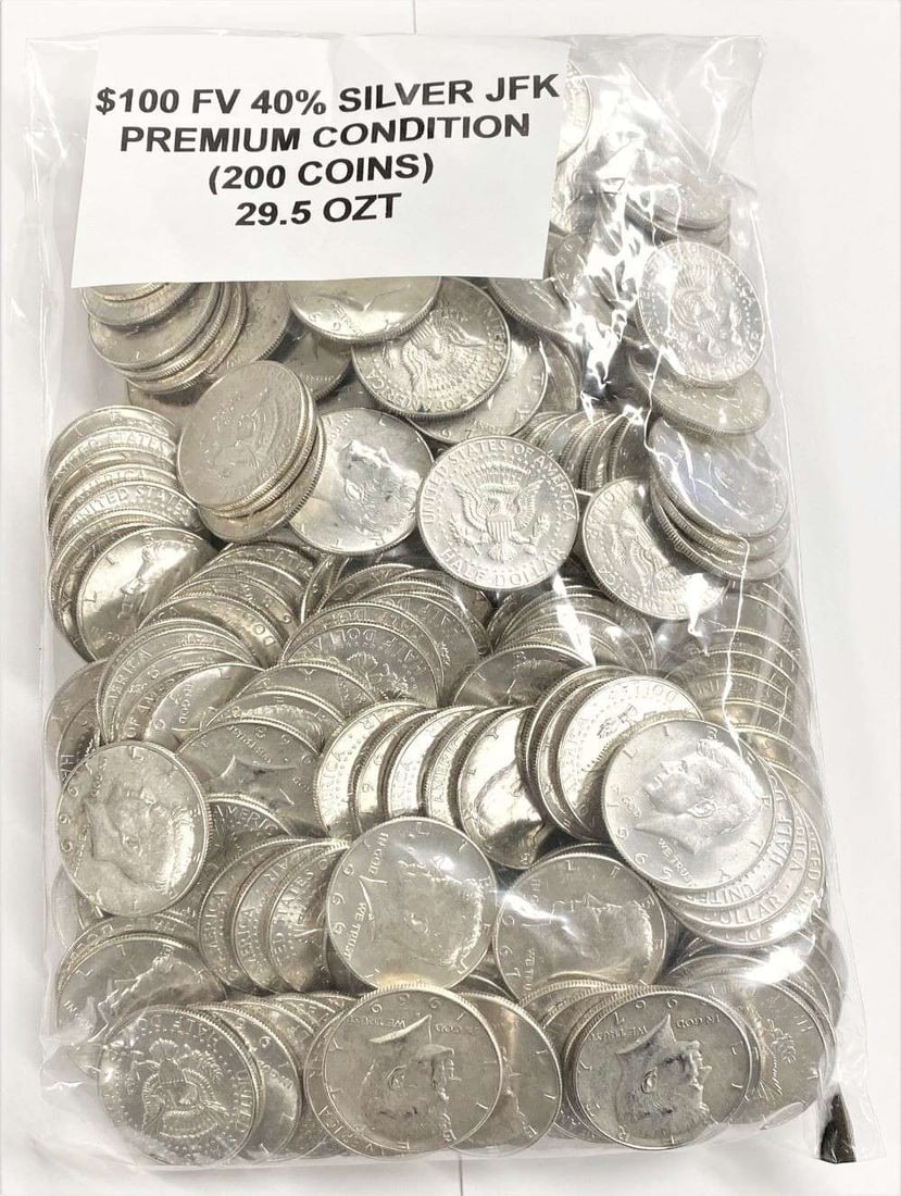 $100 Face 40% Silver JFK Premium Condition (200-coins): Winner shall receive (1) bag of premium condition 40% silver kennedy half dollars (200-coins), precisely resembling the bag shown here. Very nice coins!!! Please allow 2-4 weeks for shipping.