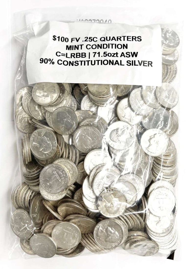 $100 Face Value Mint Condition 90% Silver Washington Quarters: Winner shall receive $100 face 90% silver Washington quarters (400-coins) precisely resembling the bag of coins shown here. Please allow 2-4 weeks for shipping.