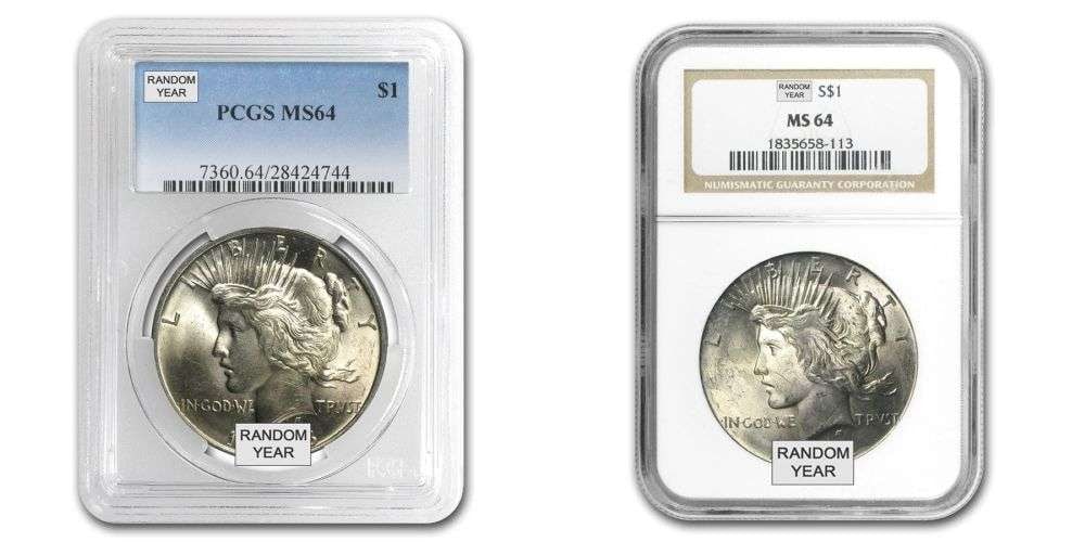 (20) Peace Silver Dollars PCGS / NGC MS64: Winner shall receive (20) Peace Silver Dollars either PCGS or NGC MS64. These peace dollars come delivered in a beautiful PCGS/NGC plastic storage box. The images shown are stock images. Disclaimer: w