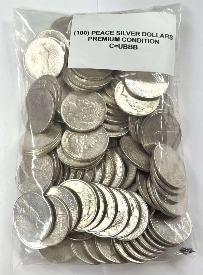 (100) Premium Grade Peace Silver Dollars: Winner shall receive (100-coins) precisely resembling the coins shown here. Technically there are no coins with detail less than fine in here. All of the junky peace silver dollars have been removed! 