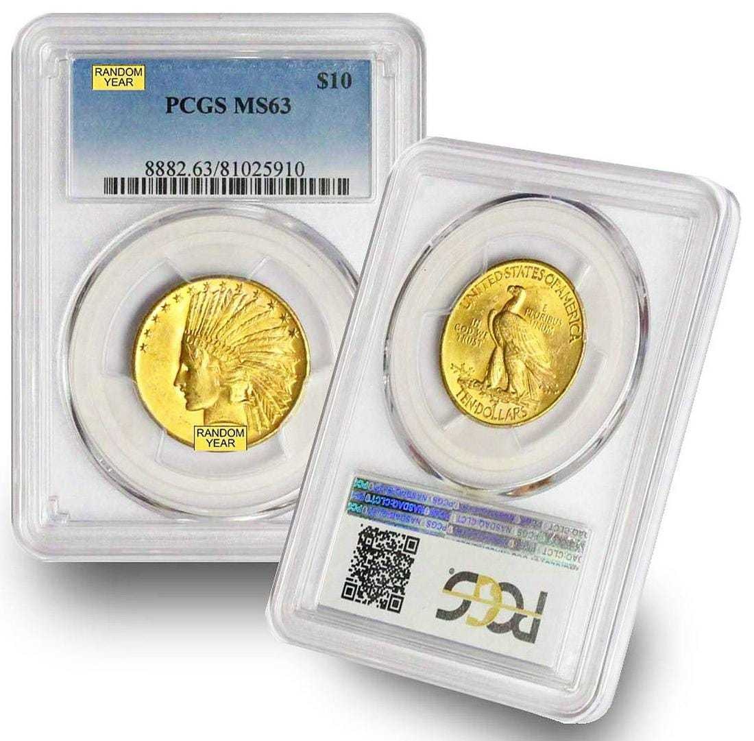 Ten (10) Gold $10.00 Indian Head PCGS MS63: Winner shall receive a lot of (10-coins) gold $10.00 Indian Head PCGS MS63, precisely resembling the coins shown in picture. NOTE: This is a stock photo - your ten (10-coins) will be hand-picked at ra
