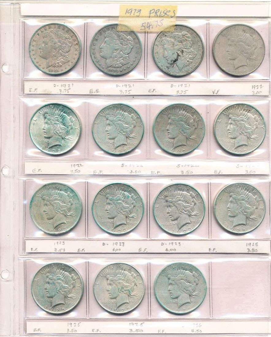 Last Minute! Vintage 1973 Prices Mixed Date Silver Dollar Set (15-coins): What you see before you is a page from an album featuring (15) United States silver dollars all with 1973 pricing and grading standards. Winner shall receive the exact set (15-coins) shown here. (MR/I