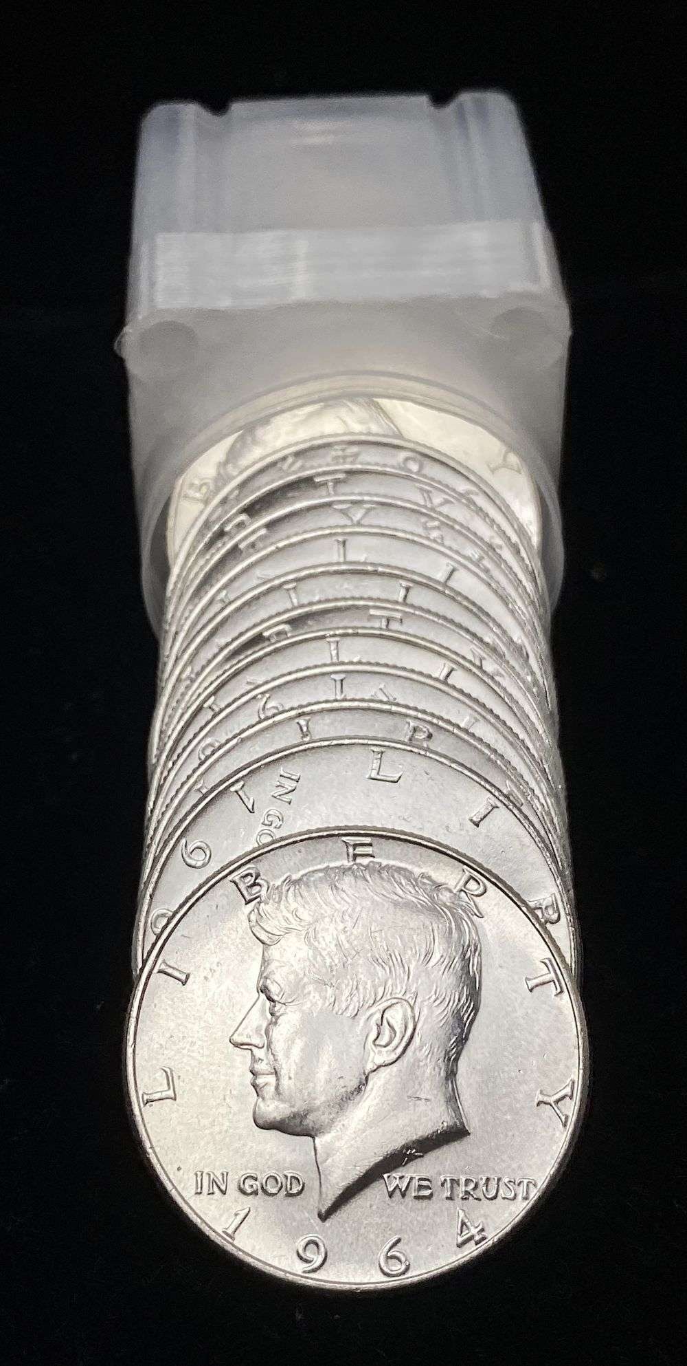 Last Minute! Old Time Fresh Mint Condition Roll (20) 1964 JFK Half Dollar 90% Silver: Winner shall receive the exact roll (20-coins) shown here. (RR/RIR)