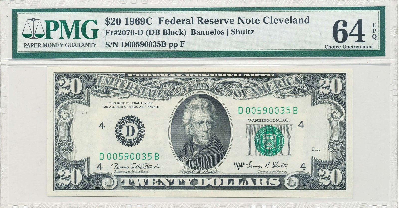Last Minute! 1969C United States Cleveland Federal Reserve $20 Note PMG 64 EPQ: Winner shall receive the exact note shown here. (RR/II)