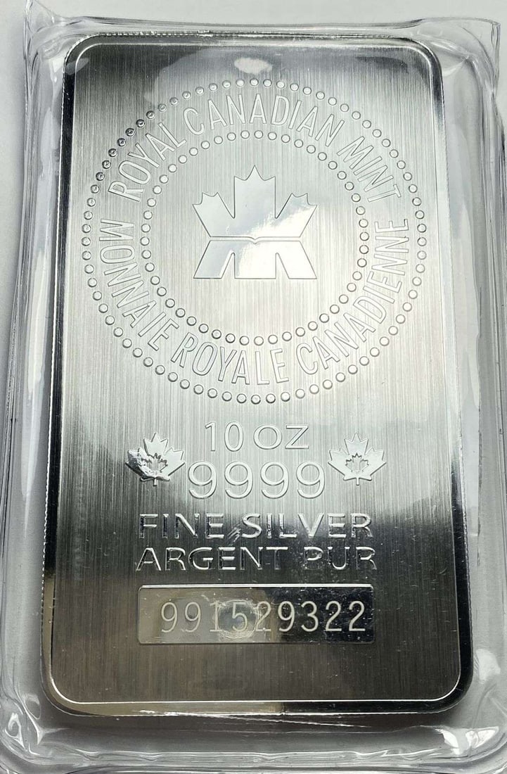 Last Minute! (10) Royal Canadian Mint 10 ozt .9999 Silver Bar: Winner shall receive (10) bar precisely resembling the one shown here. Please allow 2-4 weeks for shipping. (RR)
