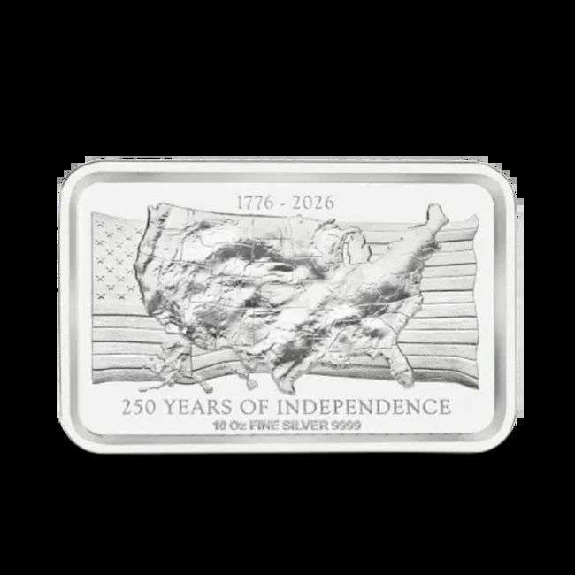 Last Minute! (10) Australian 1776-2026 USA Independence High Relief 10 ozt .9999 Silver Bar: Winner shall receive (10) bars precisely resembling the one shown here. Please allow 2-4 weeks for shipping. (RR)