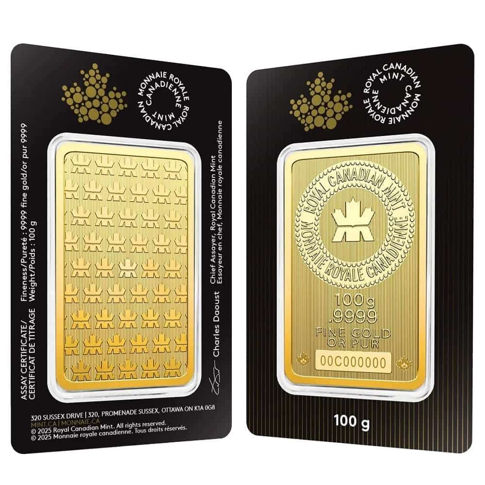Last Minute! Royal Canadian Mint W/ Assay 100g .9999 Gold Bar: Please allow 2-4 weeks for shipping. Winner shall receive (1) bar precisely resembling the one shown here. The images shown are stock images. (RR)