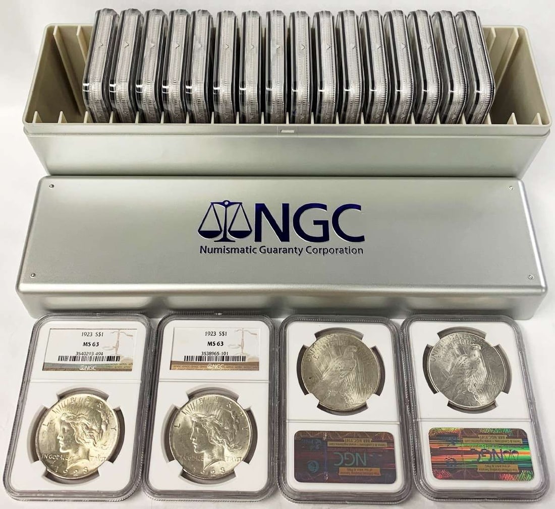 (20) Peace Silver Dollars NGC MS63: Winner shall receive (20) Peace Silver Dollars NGC MS63, precisely resembling the (20) you see here. These peace dollars come delivered in this beautiful NGC plastic storage box. Disclaimer: when this