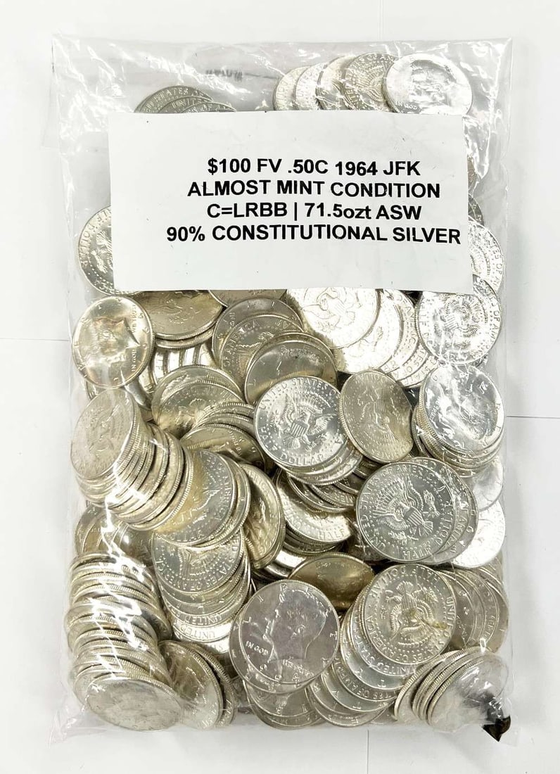 Bag of 1964 Almost Mint 90% Silver JFK $100 Face: Winner of lot shall receive (200) almost mint, 90% silver, 1964 JFK half dollars. That's (200) coins or $100 face value, delivered inside of a sealed bag. Please allow 2-4 weeks for shipping.