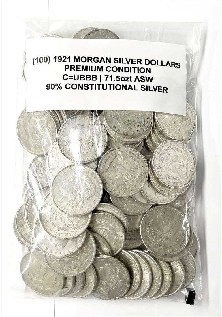 (100) 1921 Morgan Silver Dollars Premium Condition: Winner shall receive (100) coins precisely resembling the coins shown here. Technically there are no coins with detail less than fine in here. All of the junky 1921 morgan silver dollars have been rem