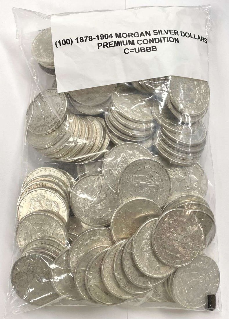 (100) Premium Morgan Silver Dollars 1878-1904: Please allow 2-4 weeks for delivery. Winner shall receive (100) Premium Morgan Silver Dollars, precisely resembling the coins shown here.