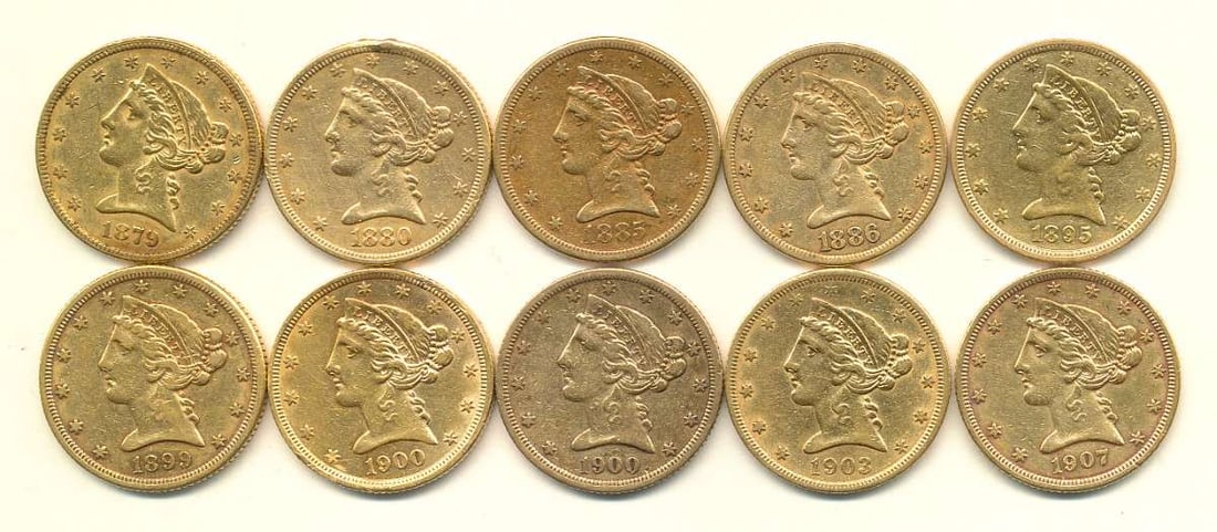 (10) Circulated Gold $5 Liberty Head: Winner shall receive (10-coins) precisely resembling the 10-coins from the pile shown here. Please allow 2-4 weeks for shipping. (DL/RBB)